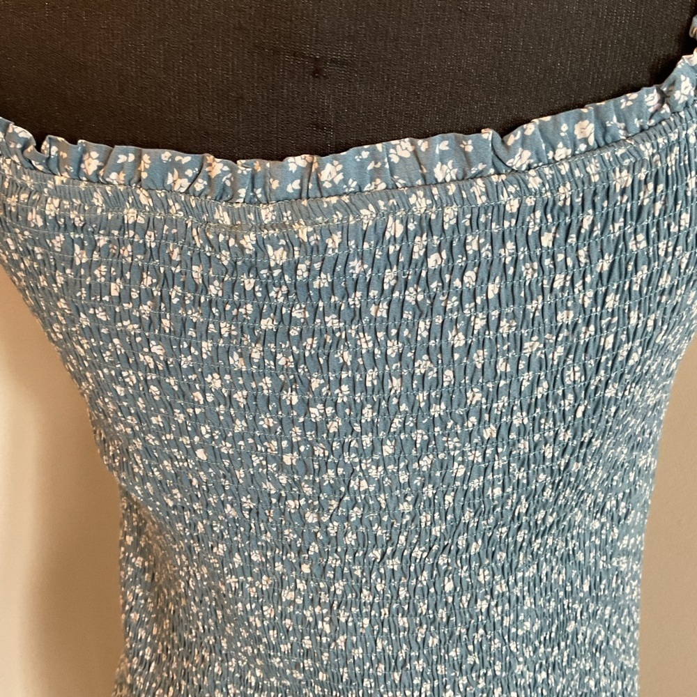 Blush Blue White Floral Ruched Tie Front Puff Sleeve Mini Babydoll Dress Large - Picture 8 of 8